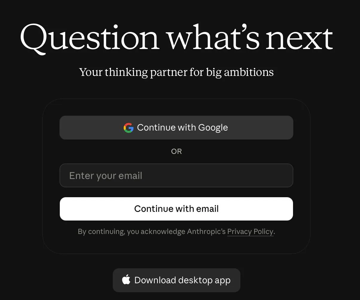 Экран входа Claude: кнопка Continue with Google
