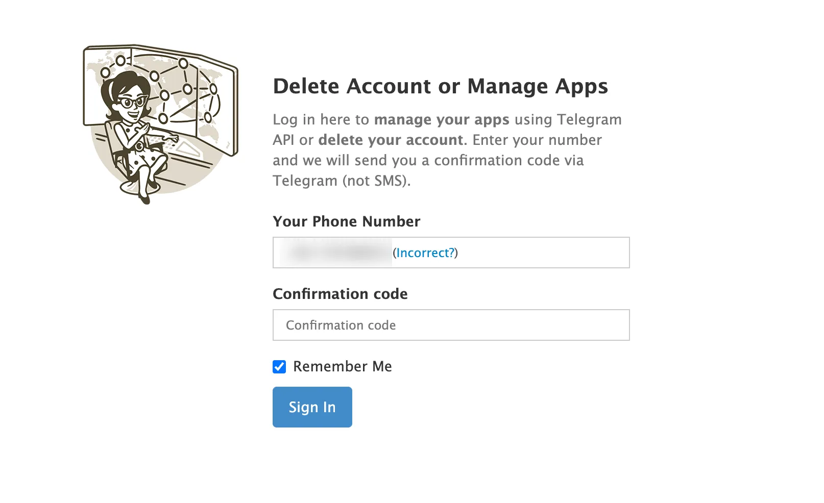 Вход на my.telegram.org: номер телефона и поле для кода