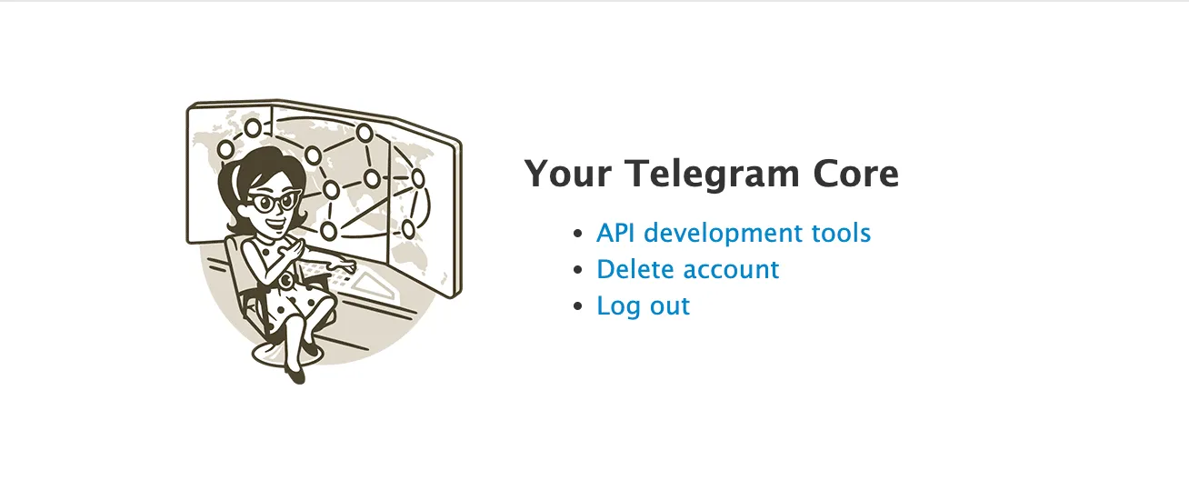 Страница Your Telegram Core, ссылка API development tools
