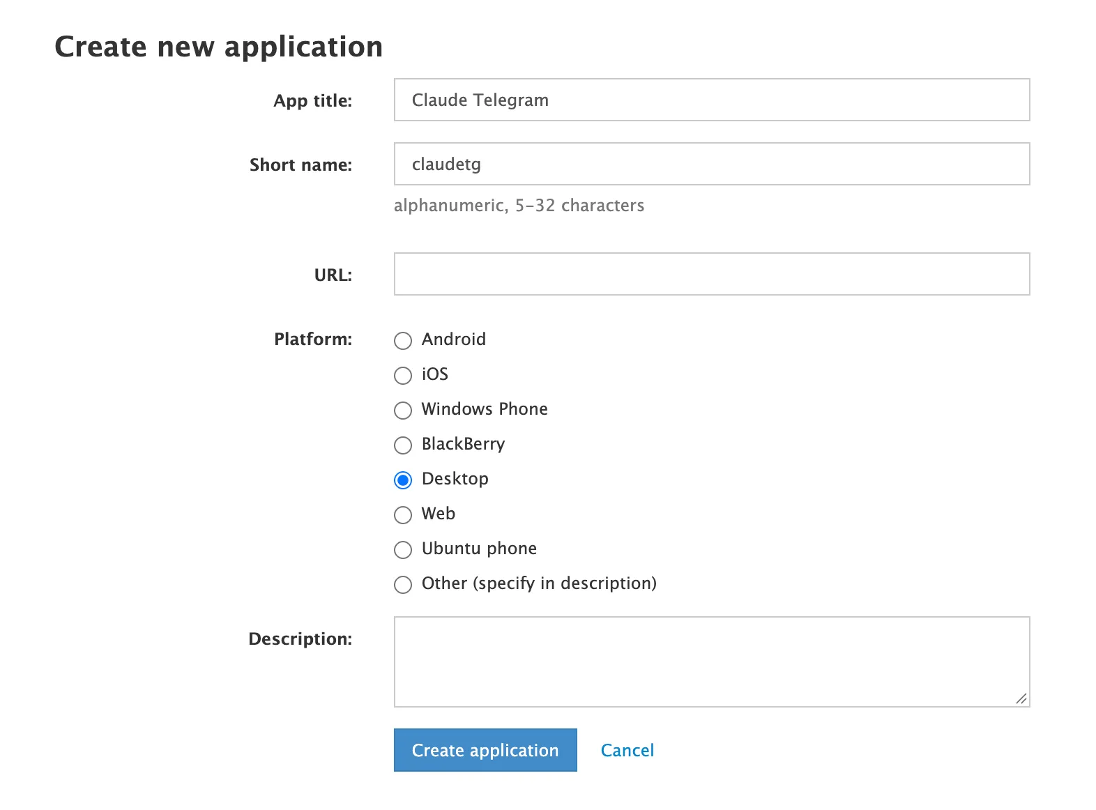 Форма Create new application: название, короткое имя, платформа Desktop
