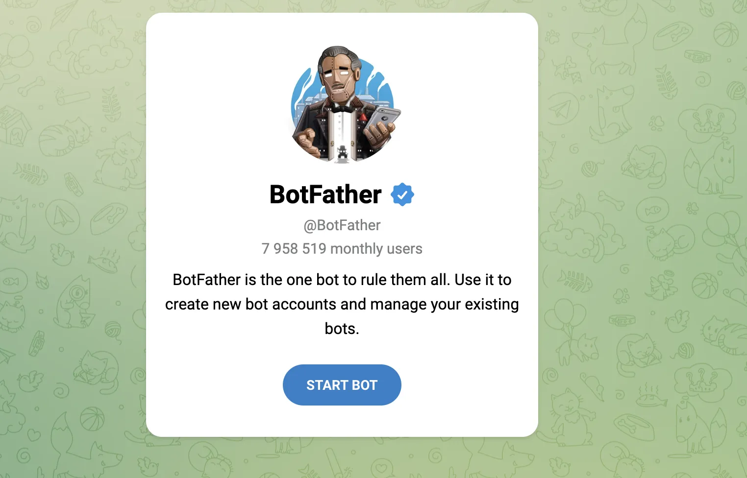 Бот BotFather в Telegram, кнопка START BOT
